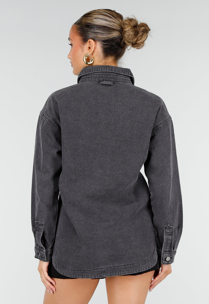 Donkergrijze Denim Blouse met Drukknoopsluiting en Lange Mouwen