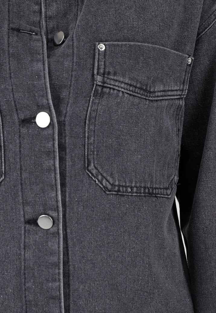 Donkergrijze Denim Blouse met Drukknoopsluiting en Lange Mouwen