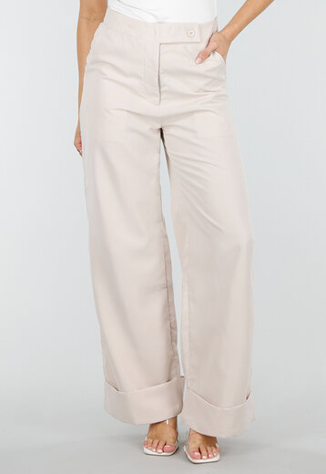 Beige Wide Leg Pantalon met Omslag