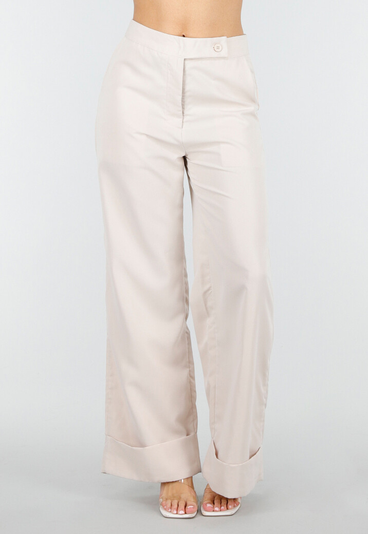 Beige Wide Leg Pantalon met Omslag en Steekzakken