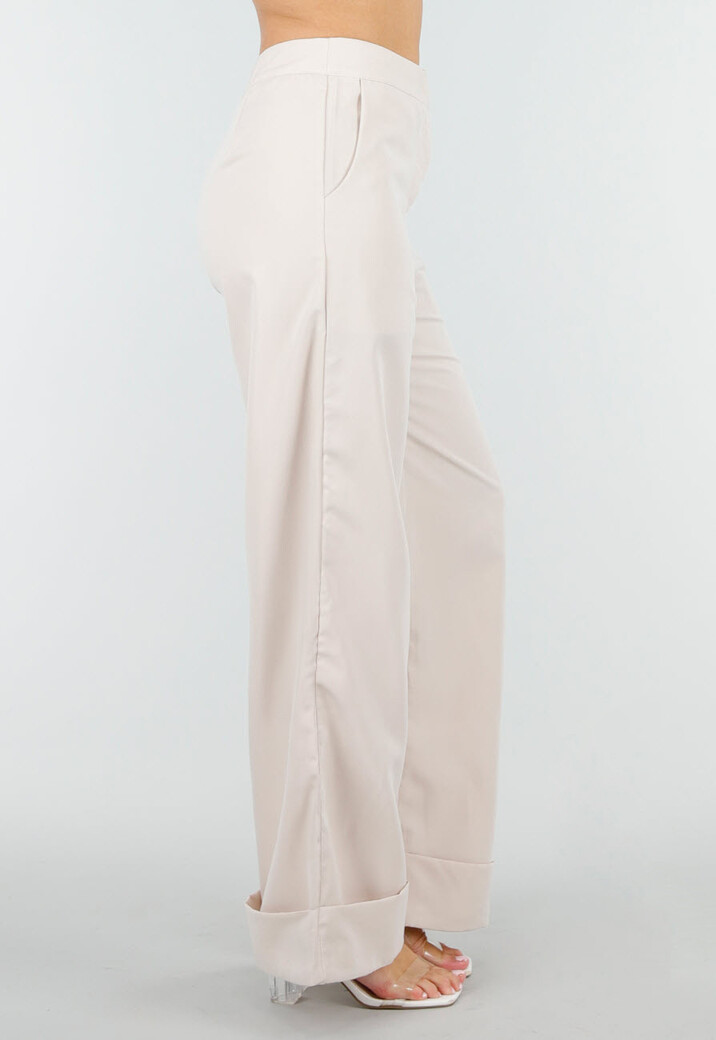 Beige Wide Leg Pantalon met Omslag en Steekzakken