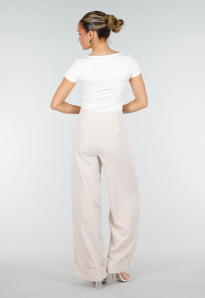 Beige Wide Leg Pantalon met Omslag en Steekzakken