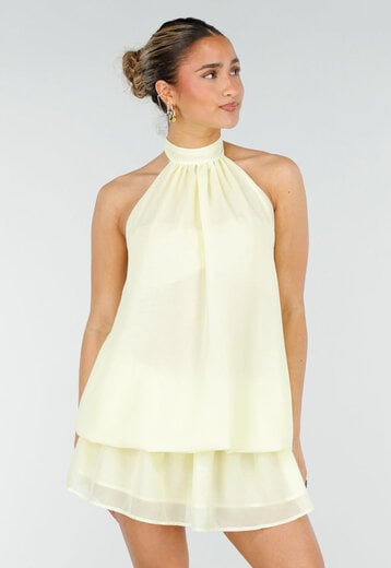 Lichtgele Halter Jurk met Gelaagde Rok