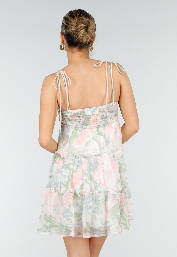 Pastel Bloemenprint Jurk met Spaghettibandjes en Ruches