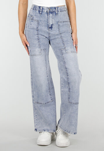 Blauwe Denim Petite Wide Leg Jeans met Patches