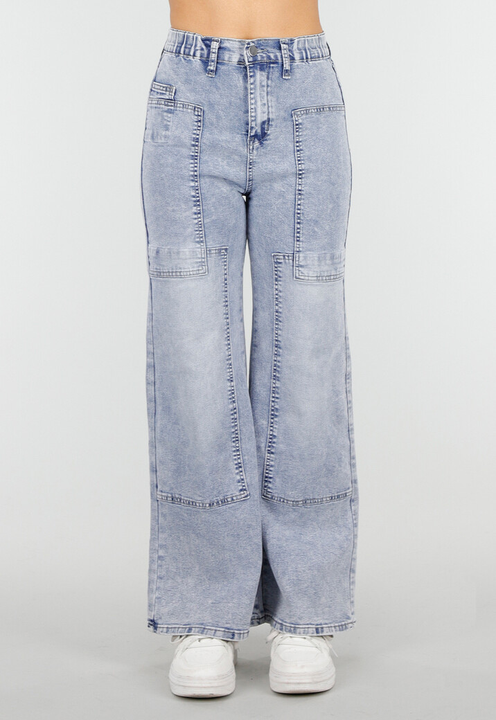 Lichtblauwe Denim Petite Wide Leg Jeans met Hoge Taille en Patch Details