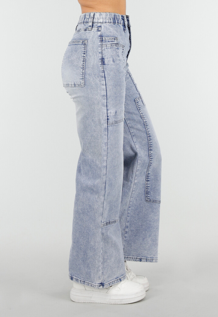 Lichtblauwe Denim Petite Wide Leg Jeans met Hoge Taille en Patch Details