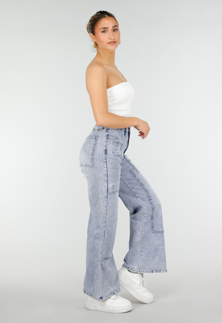 Lichtblauwe Denim Petite Wide Leg Jeans met Hoge Taille en Patch Details