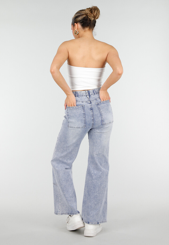 Lichtblauwe Denim Petite Wide Leg Jeans met Hoge Taille en Patch Details