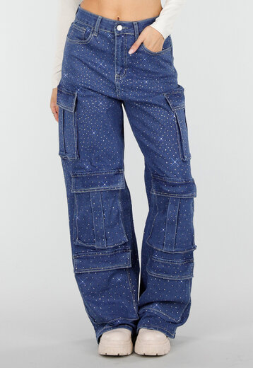 Denim Cargo Jeans met Strass en Wide Leg