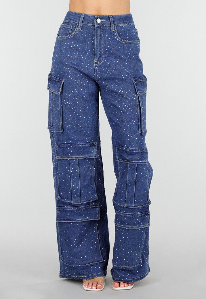 Blauwe Denim Cargo Jeans met Strass Steentjes en Wide Leg Pasvorm