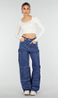 Blauwe Denim Cargo Jeans met Strass Steentjes en Wide Leg Pasvorm