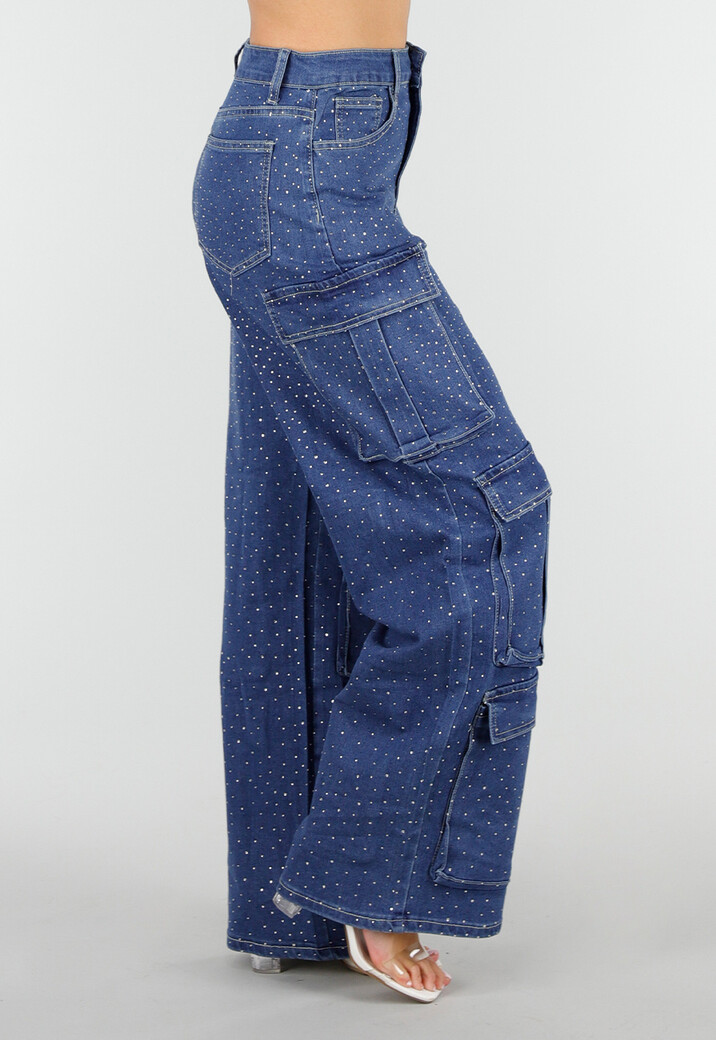 Blauwe Denim Cargo Jeans met Strass Steentjes en Wide Leg Pasvorm
