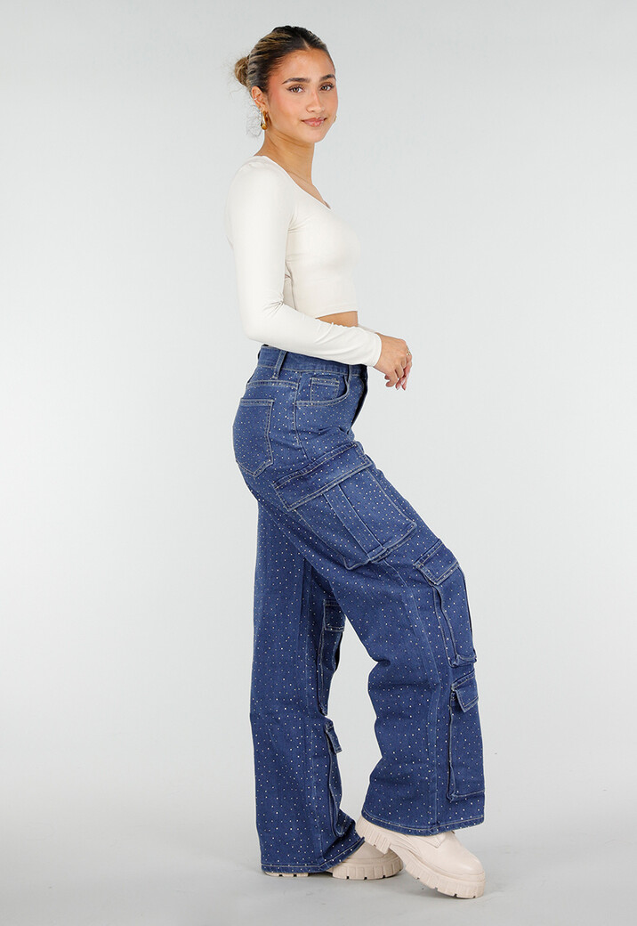 Blauwe Denim Cargo Jeans met Strass Steentjes en Wide Leg Pasvorm