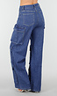 Blauwe Denim Cargo Jeans met Strass Steentjes en Wide Leg Pasvorm