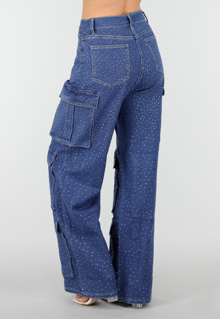 Blauwe Denim Cargo Jeans met Strass Steentjes en Wide Leg Pasvorm