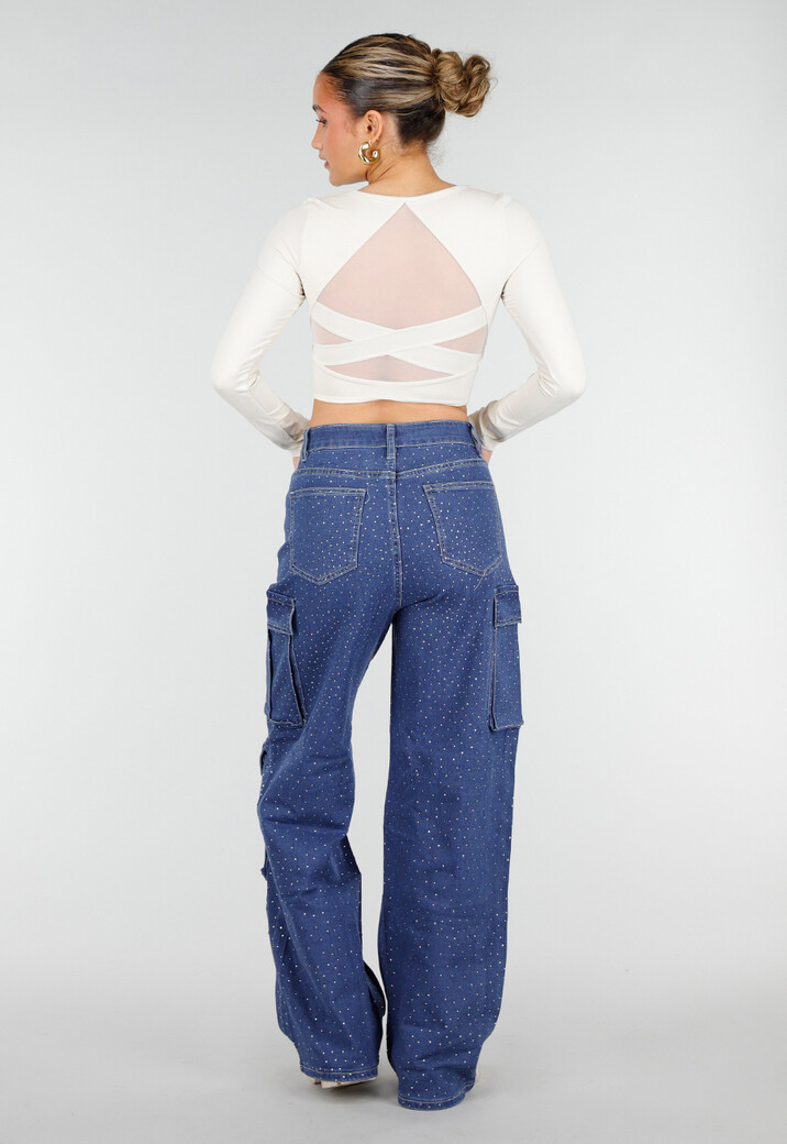 Blauwe Denim Cargo Jeans met Strass Steentjes en Wide Leg Pasvorm