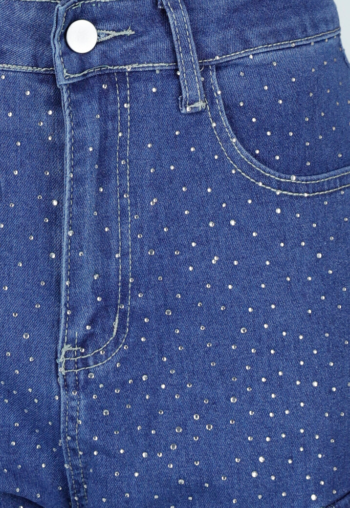 Blauwe Denim Cargo Jeans met Strass Steentjes en Wide Leg Pasvorm