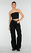 Zwarte Cargo Broek met Strass Details en Rechte Pijpen