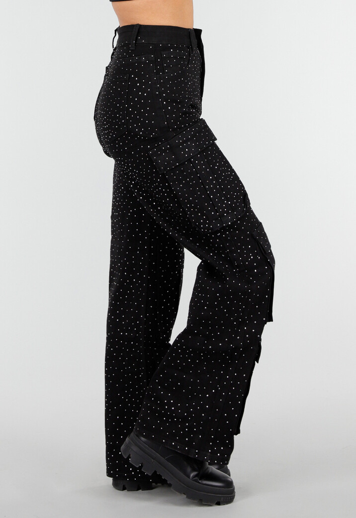 Zwarte Cargo Broek met Strass Details en Rechte Pijpen