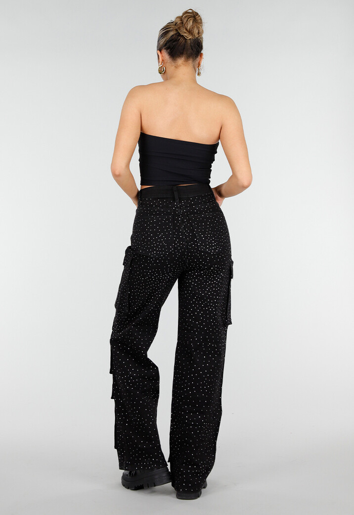 Zwarte Cargo Broek met Strass Details en Rechte Pijpen