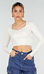 Beige Stretch Crop Top met Lange Mouwen en Pads