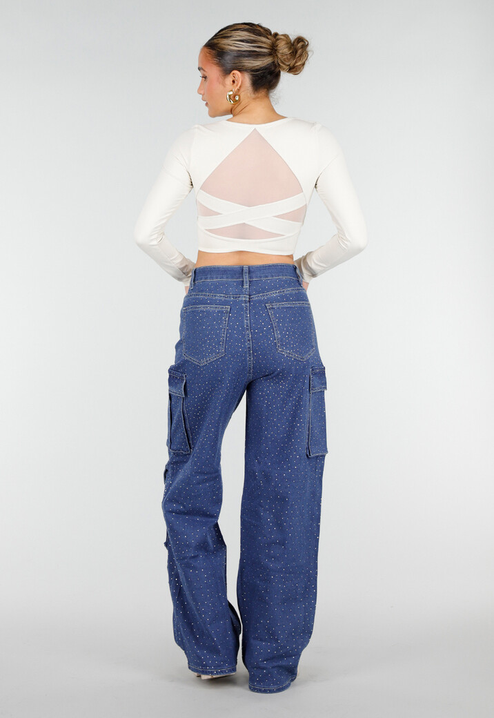 Beige Stretch Crop Top met Lange Mouwen en Pads