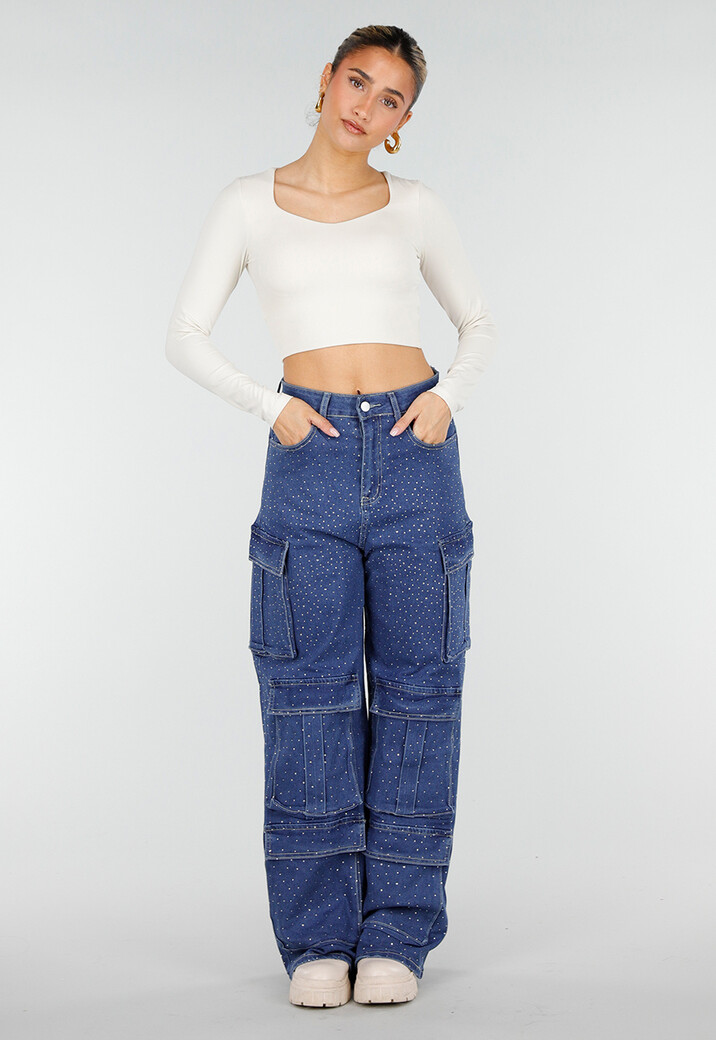 Beige Stretch Crop Top met Lange Mouwen en Pads