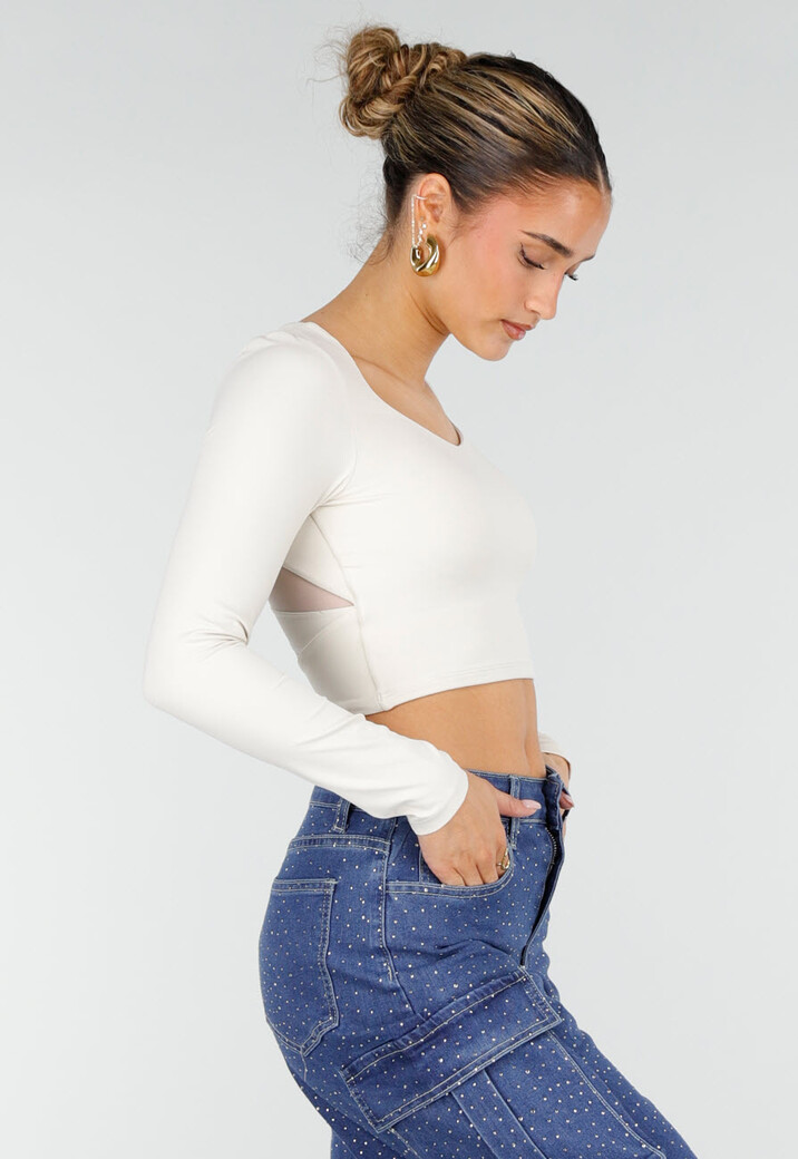 Beige Stretch Crop Top met Lange Mouwen en Pads