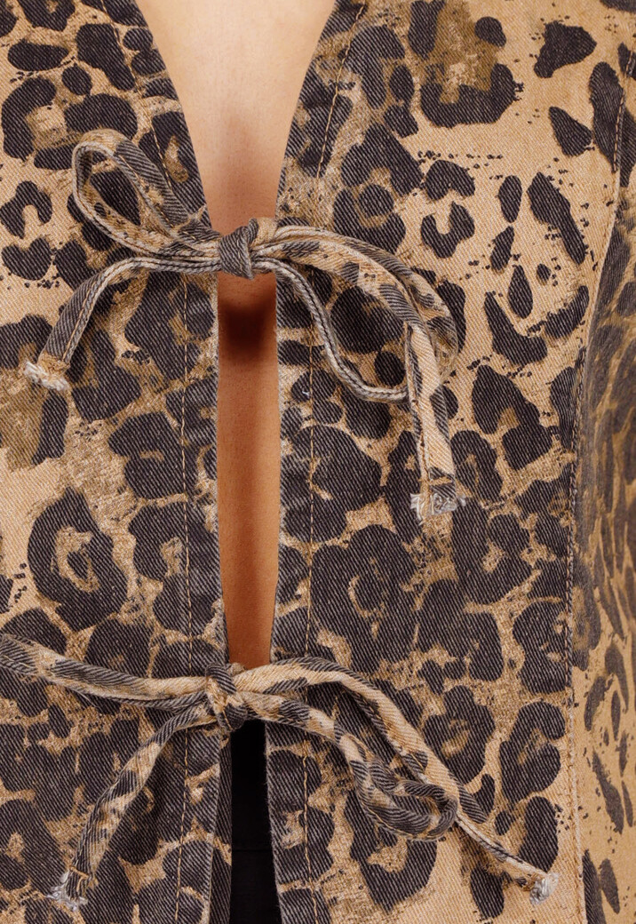 Bruine Denim Leopard Print Top met Striksluiting en Mouwloos Model