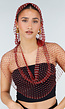 Rode Fishnet Top met Capuchon en Strass Steentjes