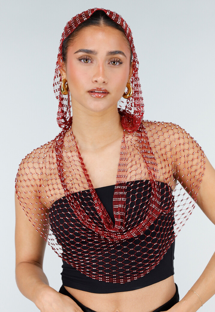 Rode Fishnet Top met Capuchon en Strass Steentjes
