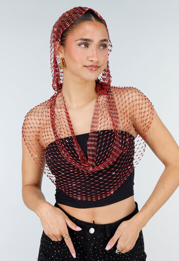 Rode Fishnet Top met Capuchon en Strass