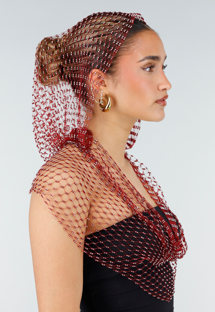Rode Fishnet Top met Capuchon en Strass Steentjes