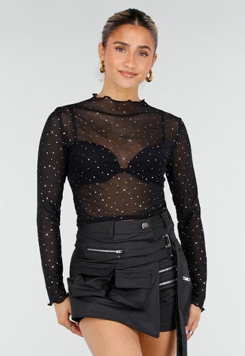 Zwarte Mesh Top met Strass Steentjes