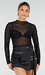 Zwarte Mesh  Crop Top met Strass Steentjes en Lange Mouwen