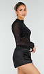 Zwarte Mesh  Crop Top met Strass Steentjes en Lange Mouwen