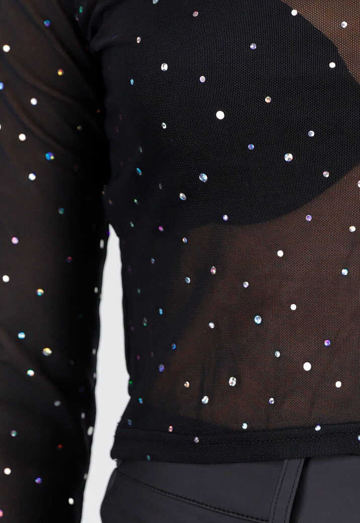 Zwarte Mesh  Crop Top met Strass Steentjes en Lange Mouwen