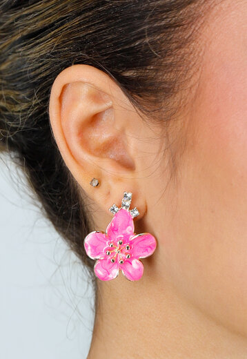 Gouden Oorbellen met Roze Bloem