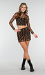 Leopard Mesh Crop Top met Lange Mouwen en Hoge Hals
