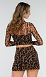 Leopard Mesh Crop Top met Lange Mouwen en Hoge Hals