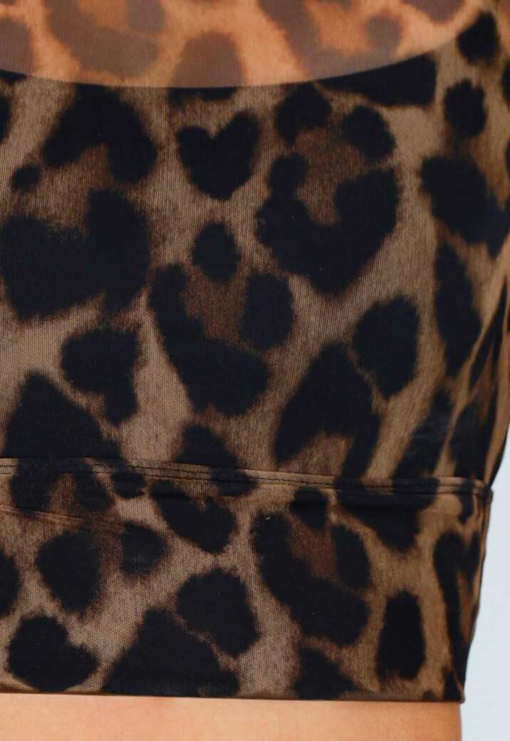 Leopard Mesh Crop Top met Lange Mouwen en Hoge Hals