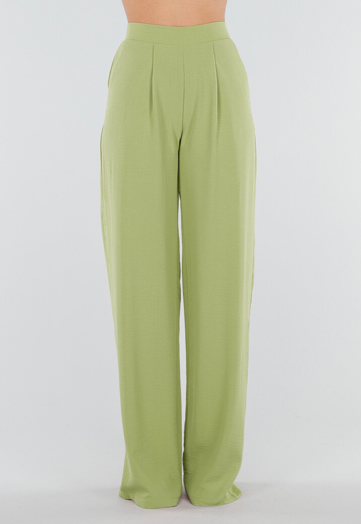 Groene Linnenlook Wide Leg Pantalon met Hoge Taille en Plooien