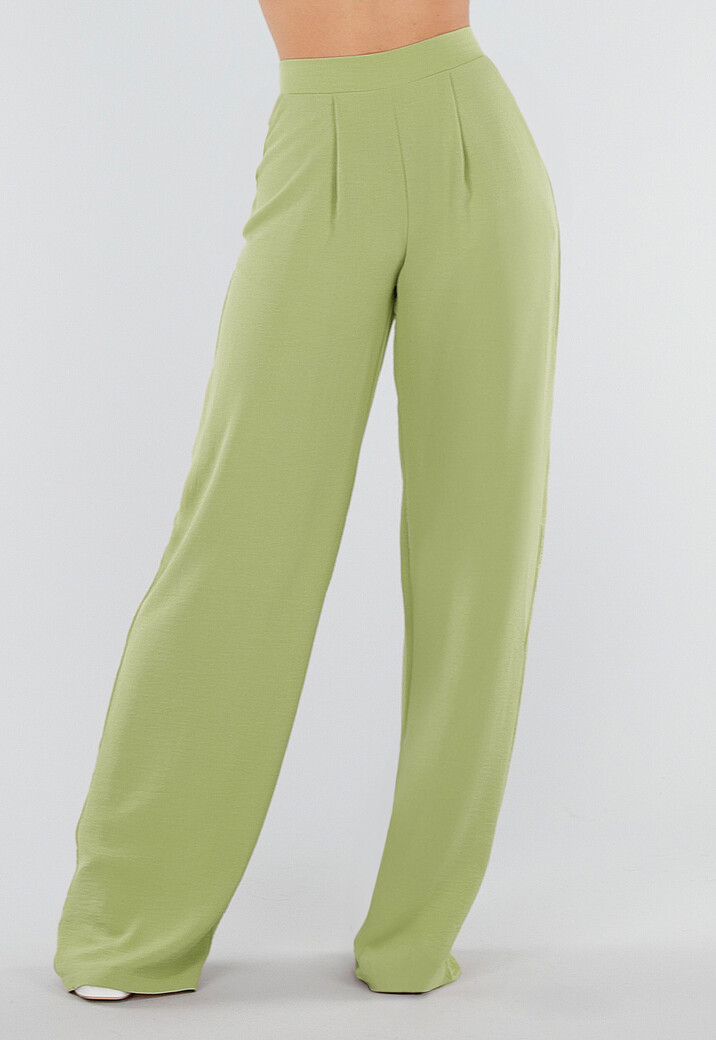Groene Linnenlook Wide Leg Pantalon met Hoge Taille en Plooien