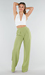 Groene Linnenlook Wide Leg Pantalon met Hoge Taille en Plooien