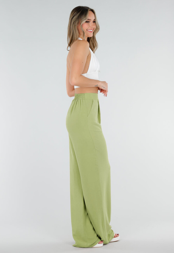 Groene Linnenlook Wide Leg Pantalon met Hoge Taille en Plooien