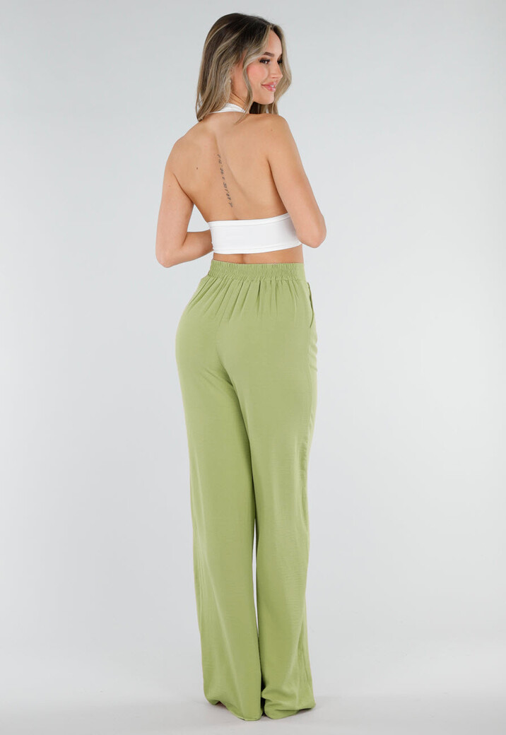 Groene Linnenlook Wide Leg Pantalon met Hoge Taille en Plooien