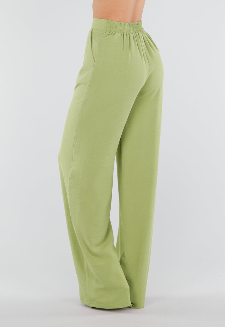 Groene Linnenlook Wide Leg Pantalon met Hoge Taille en Plooien
