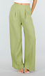 Groene Linnenlook Wide Leg Stretch Pantalon met Hoge Taille en Plooien