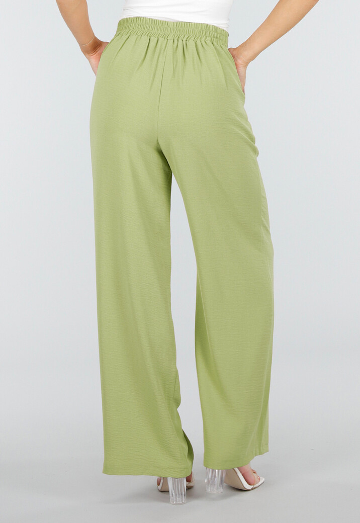 Groene Linnenlook Wide Leg Stretch Pantalon met Hoge Taille en Plooien